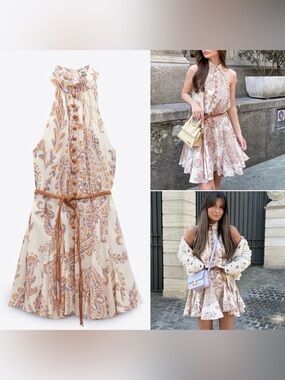 Zara Cream and Tan Paisley Halter Mini Dress